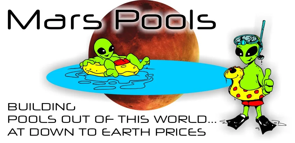 The Mars Pools logo: two green aliens floating on pool toys in front of a red planet
