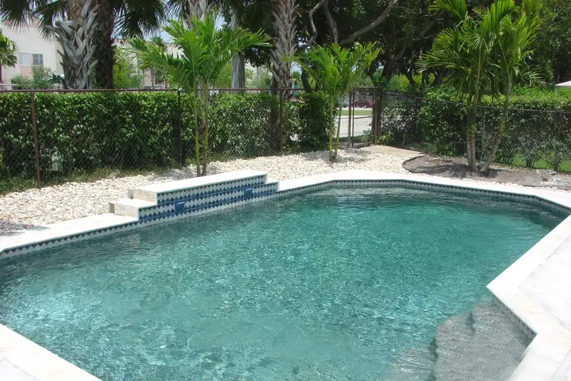 Rectangular pool framed by a tropical hedge