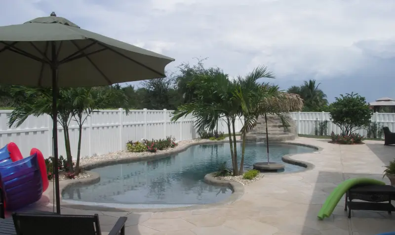 Freeform pool with palms and a shaded deck