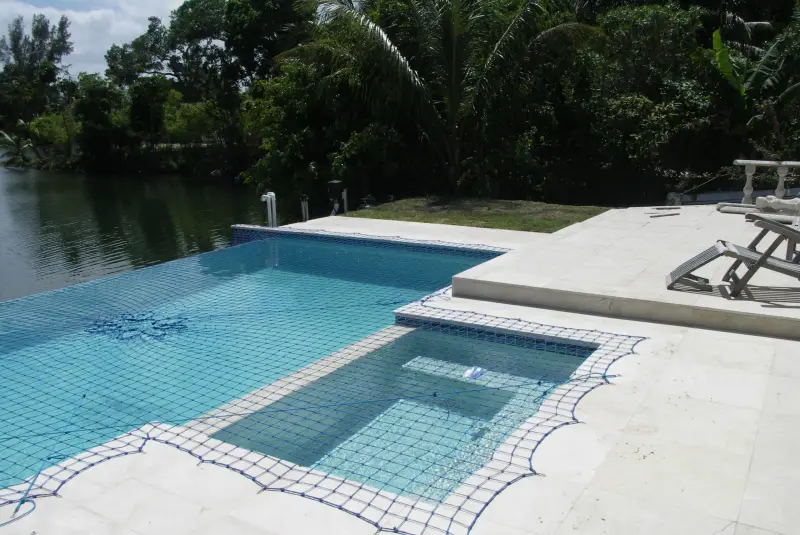 Pool with spa on a lakeside lot